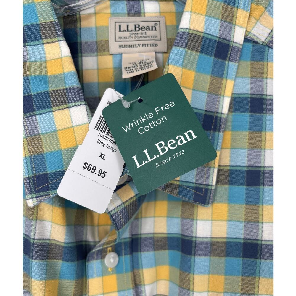 LL Bean Wrinkle Free Cotton Button Down Shirt Mens XL Vintage Indigo Plaid NEW